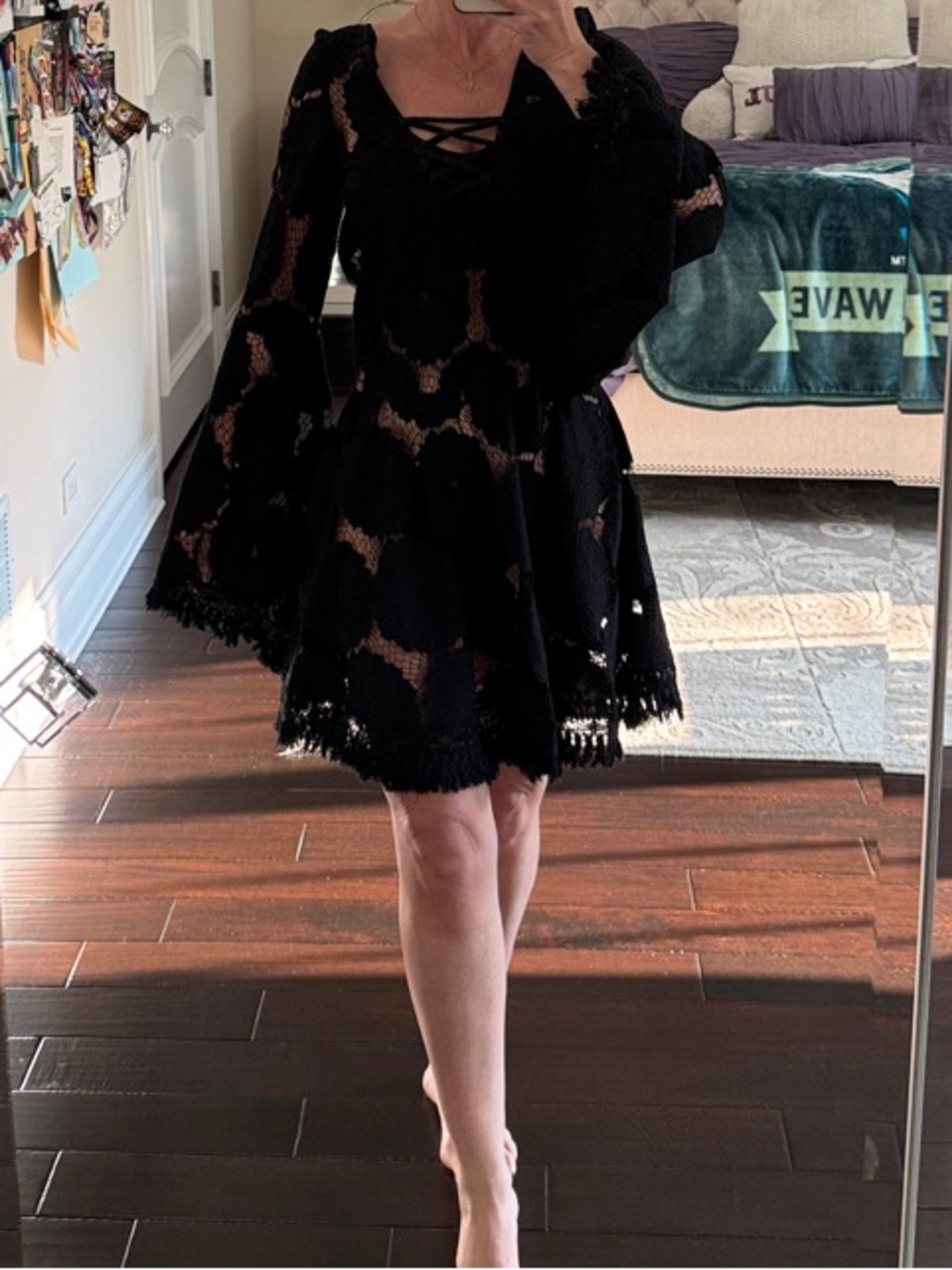 Luli Fama Black Lace Mini Dress Cover Up with Bell Sleeves
